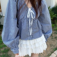 [Hot Sale] Women's Trim V-Neck Cropped Dolly Design Niche-Market Top Korean-Style Checkered Puff Sle