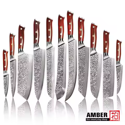 Amber Japanese VG 10 Premium Kitchen Chef Knife Set, 67-layer Damascus Bread Utility Paring Knife wi