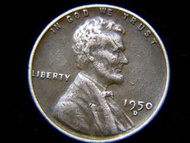 銅幣-1950年美國林肯總統(Lincoln)像麥穗(Wheat design)壹仙(Cent)銅幣(D標記)