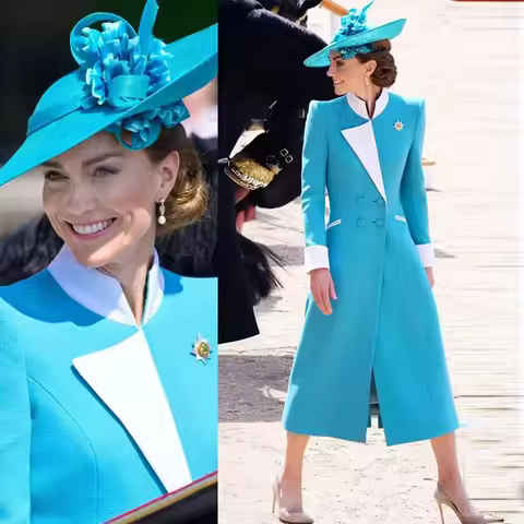 Kate Middleton Princess Long Sleeve Button Patchwork Long Dress