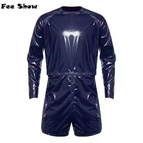 Mens Shiny PVC Waterproof One Piece Swimsuit Sauna Sweat Costume Long Sleeve Detachable Boxer Shorts