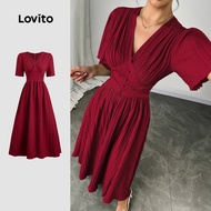 Lovito Elegant Dress Ruched Spring/summer Claret Dress for Women LBL30048 Lovito Gaun Elegan Ruched 