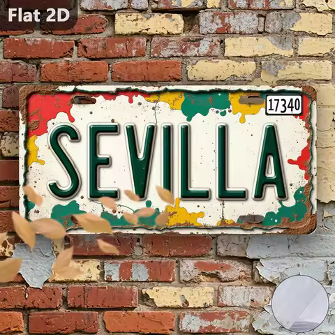 2D Flat - A Vintage Sign, 30 cm by 15 cm Featuring a Sevilla Plate from Spain, Perfect As a Travel S