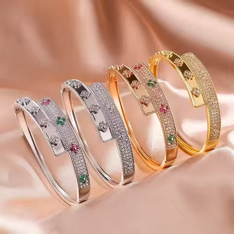 UILZ New Niche Design Four-leaf Flower Zircon Inlaid Bracelet for Women Shiny Colorful CZ Cuff Bangl