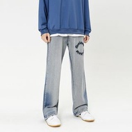 美式牛仔褲子男漸變高街ins潮牌刺繡寬鬆直筒闊腿褲設計感復古風