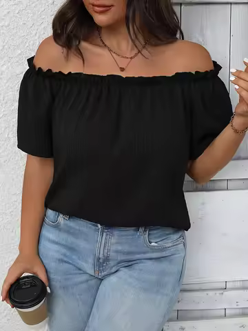Plus Size Summer Women Elegant Shoulderless Shirt Casual Fashion Solid Tops Office Lady Curve Clothi
