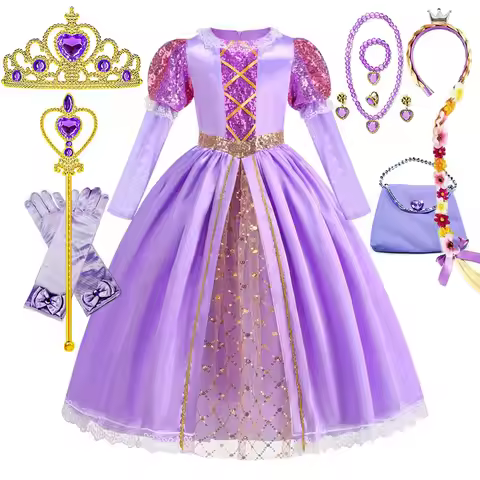 All Saint's Day Princess Disguise Rapunzel Cosplay Costume for Girls Halloween Apparel Birthday Kids