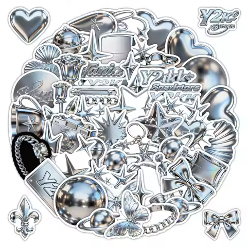 58 Pcs Y2K Trendy 3D Metallic Stickers - Stylish Decals for Journal & Creative DIY Craft Embellishme