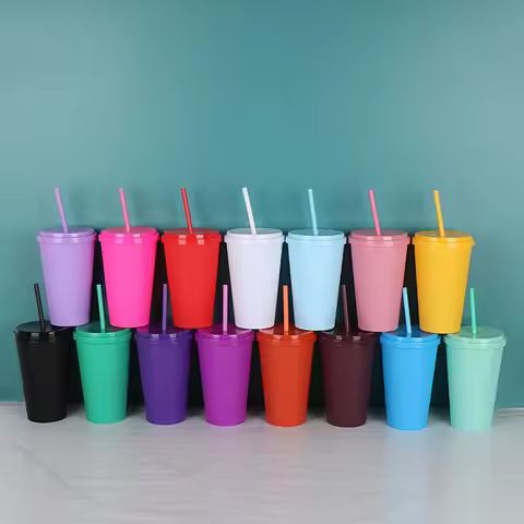 600ml 20oz solid color reusable plastic cup glasses cold cup straw cup with straw and lid