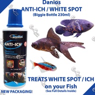 Danios Anti-Ich White Spot 230ml (Biggie BOTTLE) Concentrated Fish Ich Treatment (Black-Blue Bottle)