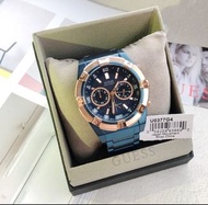 GUESS正品手錶U0377G4 藍色不銹鋼錶帶 男生 雙眼計時腕錶 48mm