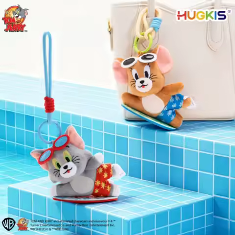 HUGKIS Cat and Mouse Summer Wave Plush Pendant Surfing Tom Jerry Keychain Bag Pendant Gift
