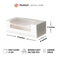 Packlyft 50/100pcs Plain White Cake Box with L-Shape Window 9"x4"x3"