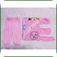 NEWBORN_UBB:SET*y~(Pajama,Hood?M~pranela?T~receiving?b~Blanket@k@R and Bonet set)