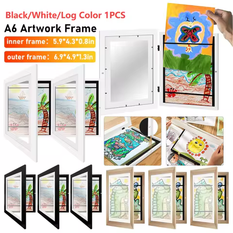 Wooden Frames Front Opening Artwork Display Storage Frames 5.9x4.3 Inner Frame A6 Frame for Kids Dra