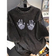 [H2O] American Short T Men's Wash Water Distressed Sleeve T-Shirt Men Women Plus Size 150kg Loose Hi