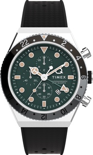 Q Timex GMT Chronograph 40mm Rubber Watch - Stainless Steel/Green (TW2V70200)