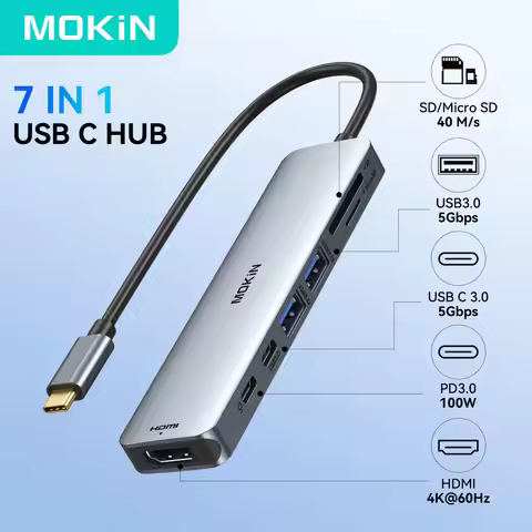 MOKiN 7-in-1 USB C Hub Type C 4K60Hz to HDMI Adapter,Docking Station with PD 100W,3 USB3.0,for MacBo