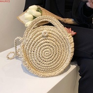 MAURICE Small Beach Tote Bag, Handbag Round Straw Weave Crossbody Bag, Simple Bohemian Style Paper Rope Large Capacity Woven Shoulder Bag Lady/Girl