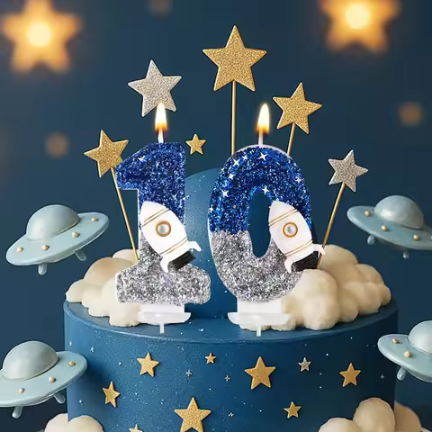 Spaceship Astronaut 0-9 Universe Sparkler Candle for Birthday Cake Boy, Topper for Party Decorations