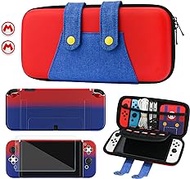 GLDRAM Carrying Case of Mario Theme for Nintendo Switch OLED, Portable Switch Travel Accessories Bundle with Red &amp; Blue Gradient OLED PC Protective Skin Shell, Screen Protector and 2 Thumb Caps