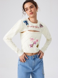 Cider Wool-blend Round Neckline Floral Butterfly Knitted Crop Long Sleeve Top