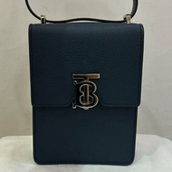 BURBERRY深藍色牛皮銀釦TB直式手機包