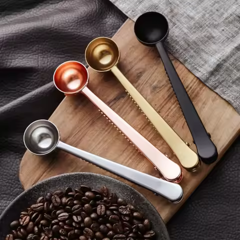 2 in 1 Stainless Steel Coffee Spoon Sealing Clip Metal Kitchen Baking Milk Powder Measuring Expresso