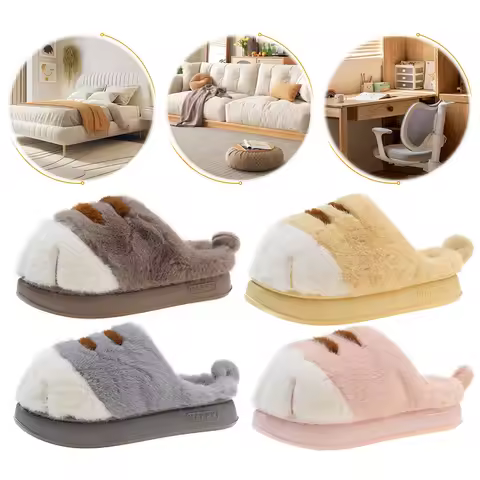 3D Cat Paw Plush Slippers Warm Slip-on House Shoes Comfortable Furry Paw Couple Slippers Cute Paw Sl