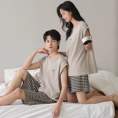 Summer Couple Pajama Set Men Knited Cotton Sleeveless Pyjamas Women Vest Pijama With Chest Pad