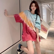 大码T恤  Large T-shirt   特大码300斤超彩虹扎染胖mm2-300斤短袖T恤女宽松百搭撞色上衣10.21