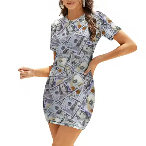 One Hundred Dollar Bills Short-Sleeved Dress Aesthetic clothing women's evening dress 2025 dress wom