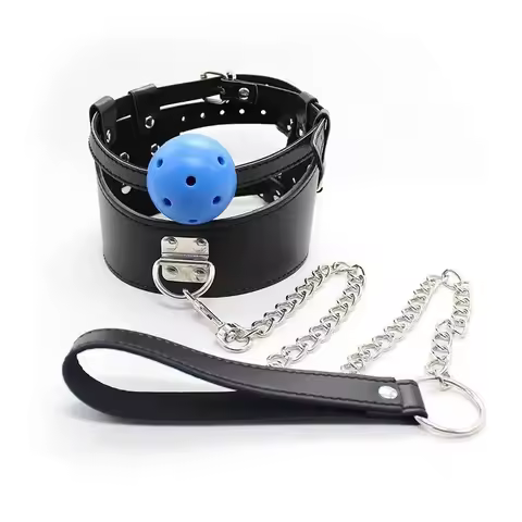 BDSM PU leather Neck Sleeve Mouth Gag with Metal Chain Rope Collar Mouth Ball