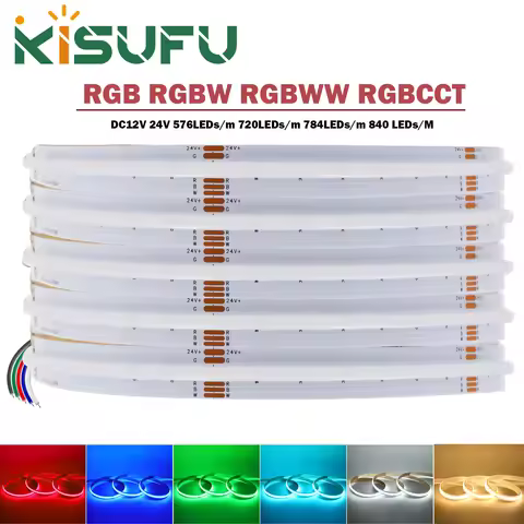 RGB RGBW RGBWW RGBCCT COB LED Strip Light DC12V 24V 840 784 720 576 LEDs/M Flex FCOB LED Tape Light 