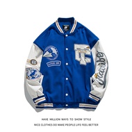 ZZOOI Embroidery Blue Bomber Jacket Men Vintage Leather Sleeve Varsity Baseball Coats Women Oversize