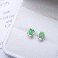 |甜陽綠|A貨翡翠冰玻陽綠飄花起螢光蛋面5mm純銀簡約耳環