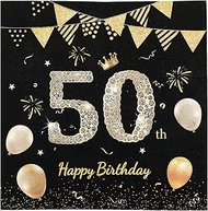 Napkins 50th Birthday, Pack of 40 Happy Birthday Napkins, Black Gold Paper Party Napkins, 33 x 33 cm