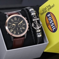 Jam tangan pria FOSSIL kulit free acc gelang best seller 017