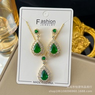18K Saudi Gold Pawnable Natural agate Jade Oval Emerald Set with Diamond Pendant Necklace Ring Set