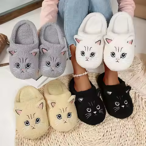 Women'S Plush Slip-On Slippers with Cat Design - Soft Plush Fabric, Cozy Indoor House Shoes for Spri