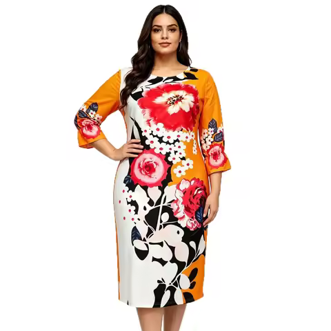 Plus Size African Dresses for Women Summer 3/4 Sleeve O-neck Polyester Printing Midi Bodycon Dresses