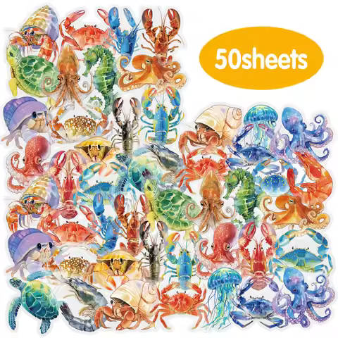 50 (25x2) Pcs Underwater Creature Pattern PET Stickers for Laptop Luggage Phone Cases Album Crafts S