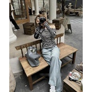 A3465 Aholic off-the-shoulder gray striped paper t-shirt