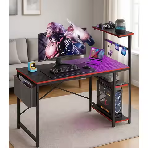 44" LED Gaming Desk - Carbon Fiber, Scratch-Resistant, Steel Frame, X-Bar, 150 lb