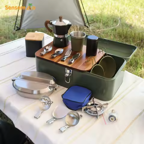 Glamping Camping Cookware Set Outdoor Kitchen Box Portable Moka Pot Coffee Maker Grinder Pan Car Cam