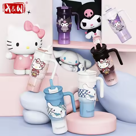 X&W 900ml Insulated Cup 316 Stainless Steel Straw Cup Hello Kitty Kuromi Cute Ice Tumbler Portable O