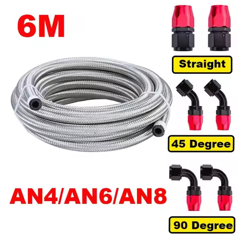 20FT 6M AN4 AN6 AN8 Stainless Steel Braided CPE Rubber Car Fuel Hose Line 0/45/90 Degree Hose End Fi