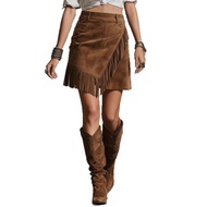 Womens Faux Suede Fringe A-Line Skirt High Waisted Asymmetrical Western Cowgirl Sexy Mini Boho Skirt