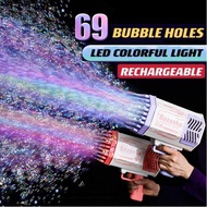 Gatling Bubble Machine Gun with 69 Holes High Output Electric Bubble Gun Machine Toy with Cool Light Effect Rocket Bubbl
