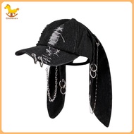 Denim Baseball Hat Adjustable Strap Distressed Design Denim Cap with 3D Bunny Ears Streetwear Access